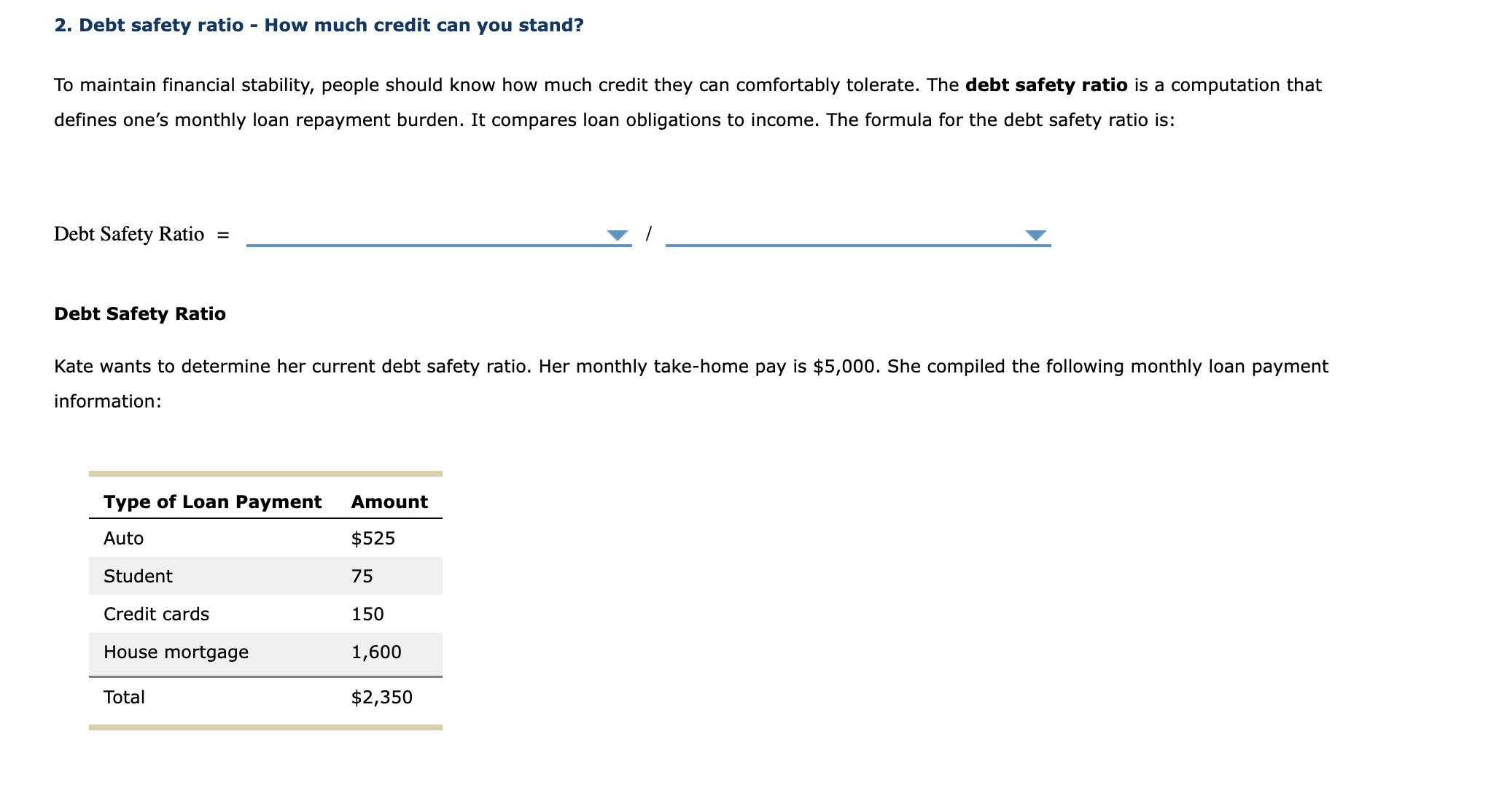 Solved 2. Debt safety ratio How much credit can you stand?