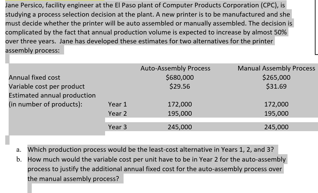 Solved Jane Persico, facility engineer at the El Paso plant