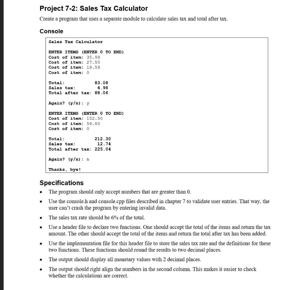 Project 7-2: Sales Tax Calculator Create a program | Chegg.com
