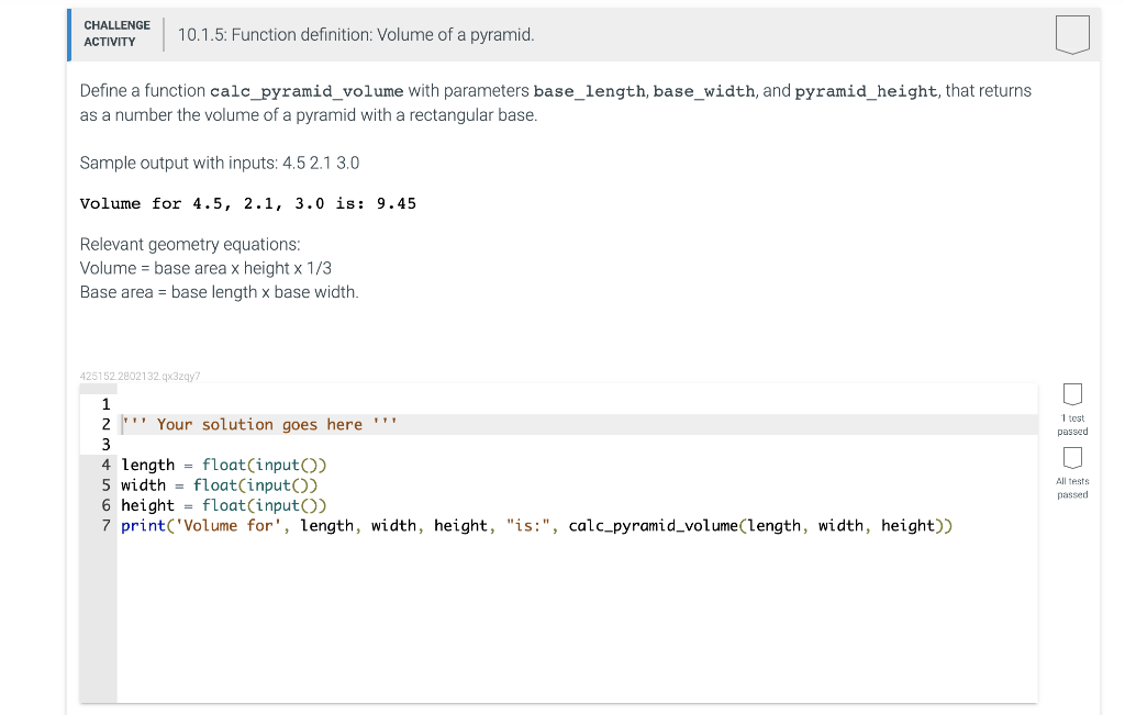 Define a function calc_pyramid_volume with parameters base_length, base_width, and pyramid_height, that returns as a number t