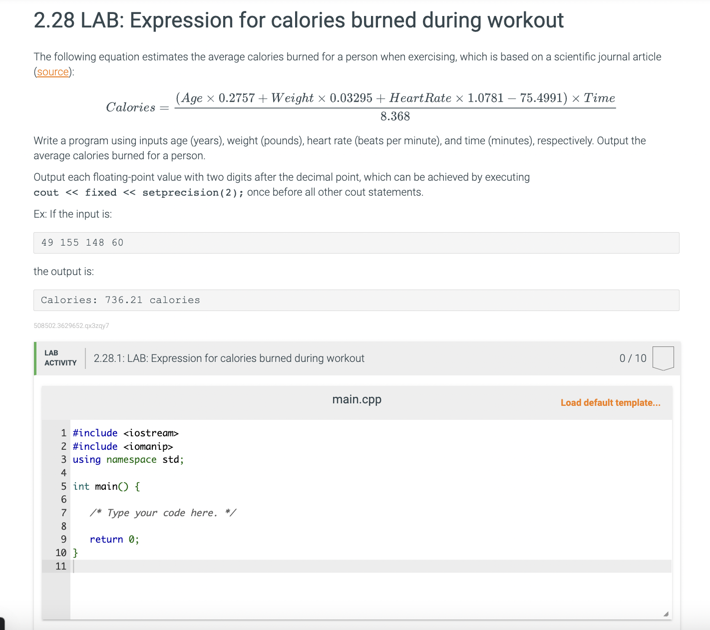 Solved 2.28 LAB: Expression for calories burned during | Chegg.com