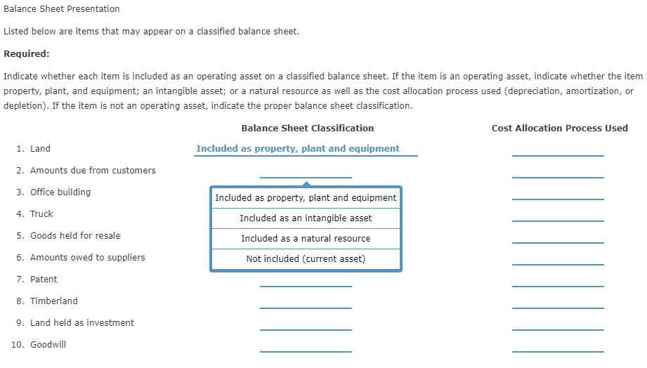 solved-balance-sheet-presentation-listed-below-are-items-chegg