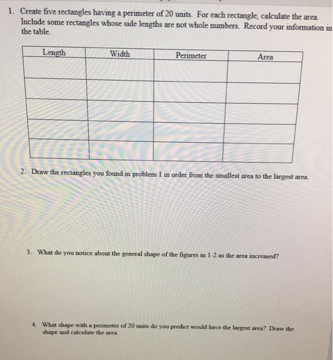 Solved 1. Create five rectangles having a perimeter of 20 | Chegg.com