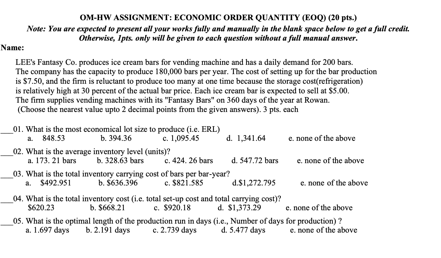 Solved OM HW ASSIGNMENT ECONOMIC ORDER QUANTITY EOQ 20 Chegg