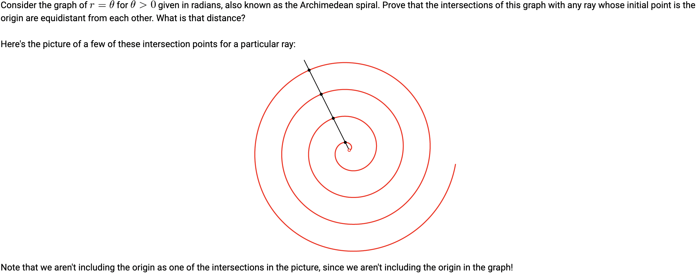 Consider the graph of \( r=\theta \) for \( \theta>0 \) given in radians, also known as the Archimedean spiral. Prove that th