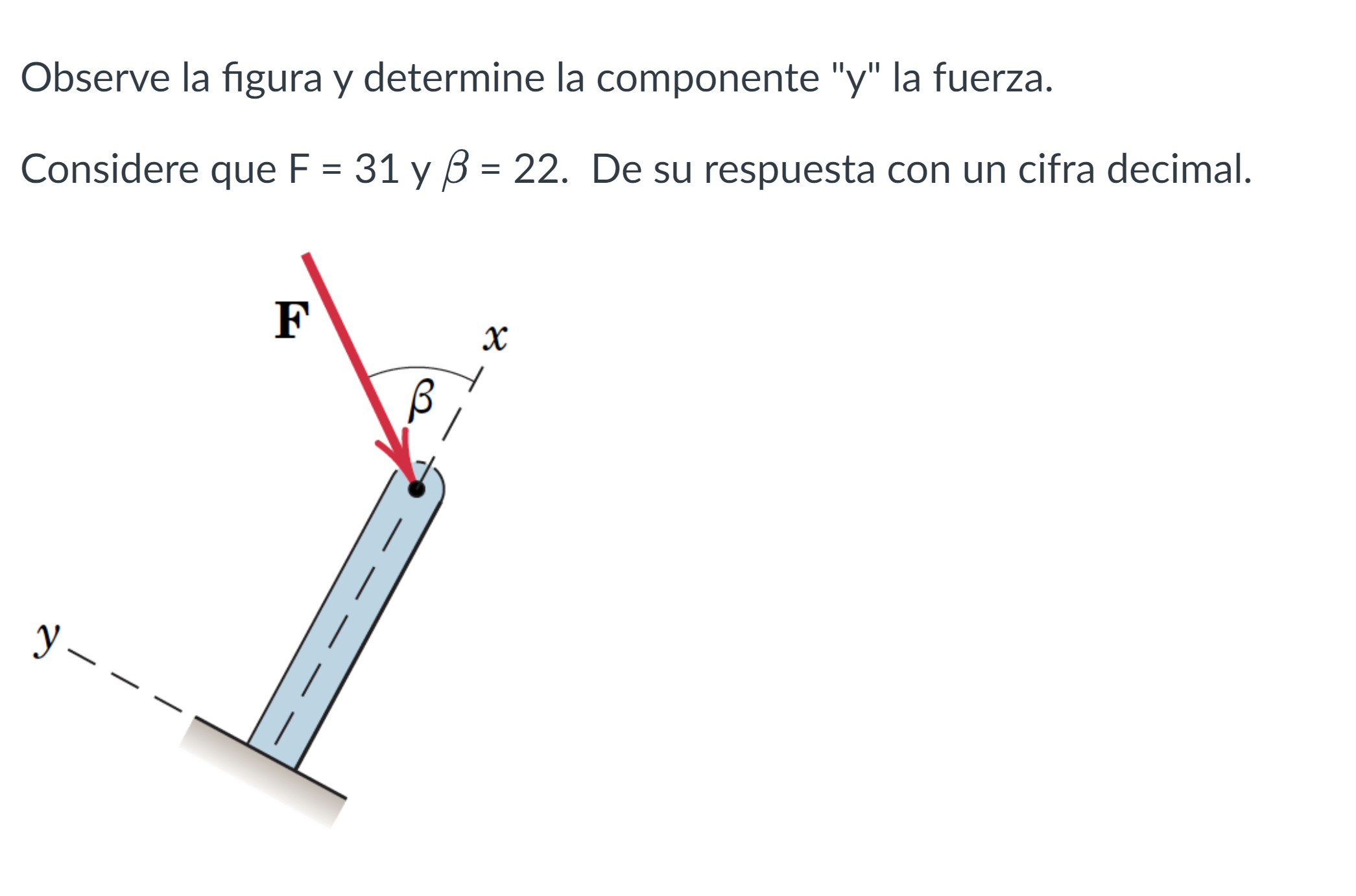 Observe la figura y determine la componente y la fuerza. Considere que \( \mathrm{F}=31 \) y \( \beta=22 \). De su respuest