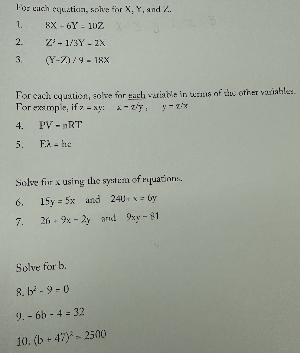 Solved For each equation, solve for x,Y, ﻿and | Chegg.com