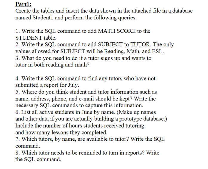 Solved Part1: Create the tables and insert the data shown in | Chegg.com