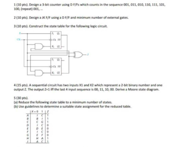 1 (10 pts). Design a 3-bit counter using D F/Fs which counts in the sequence 001, 011, 010, 110, 111, 101, 100 , (repeat) 001