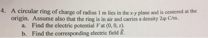 Solved A circular ring of charge of radius 1 m lies in the | Chegg.com