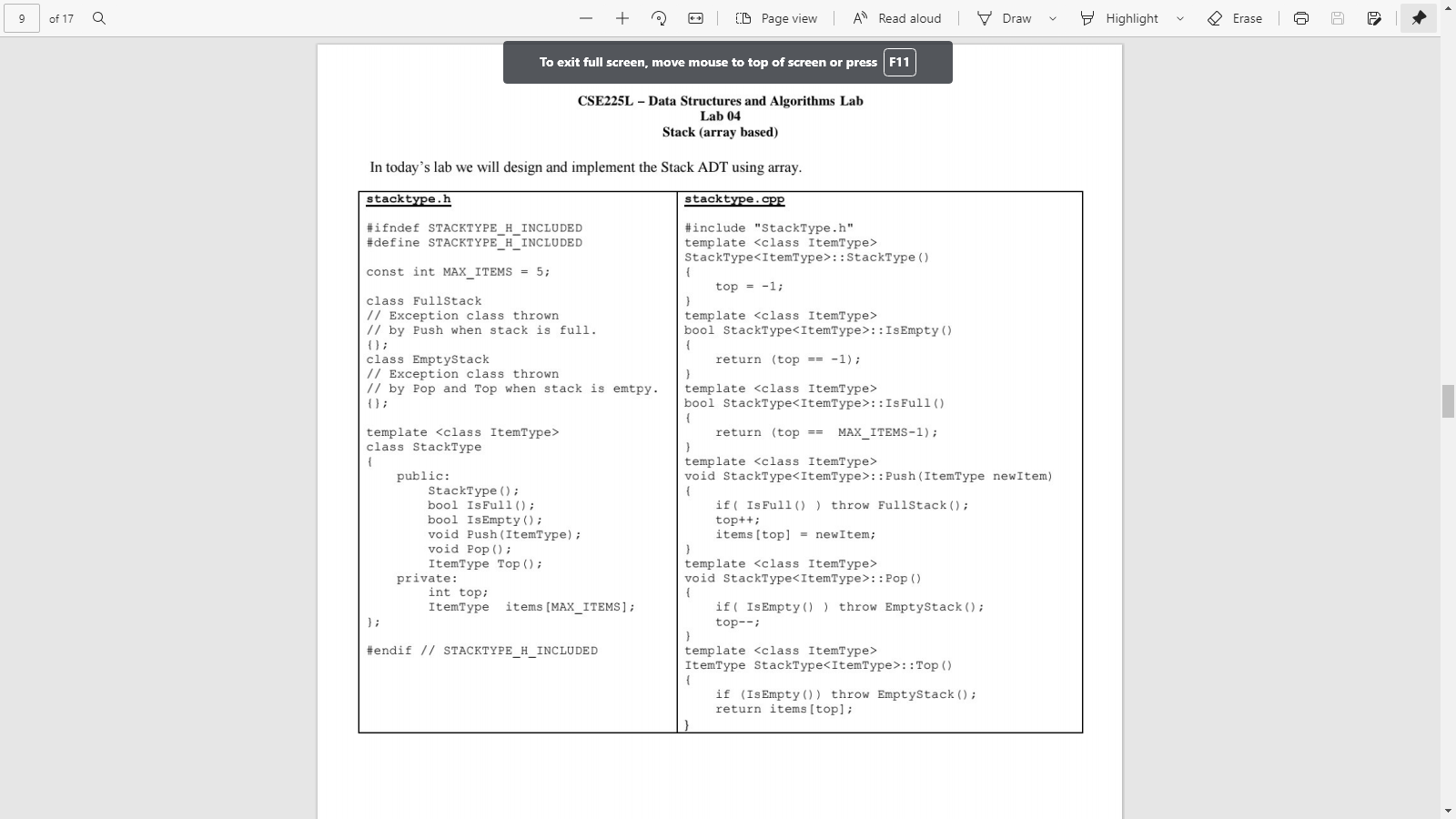 Solved In today's lab we will design and implement the Stack | Chegg.com