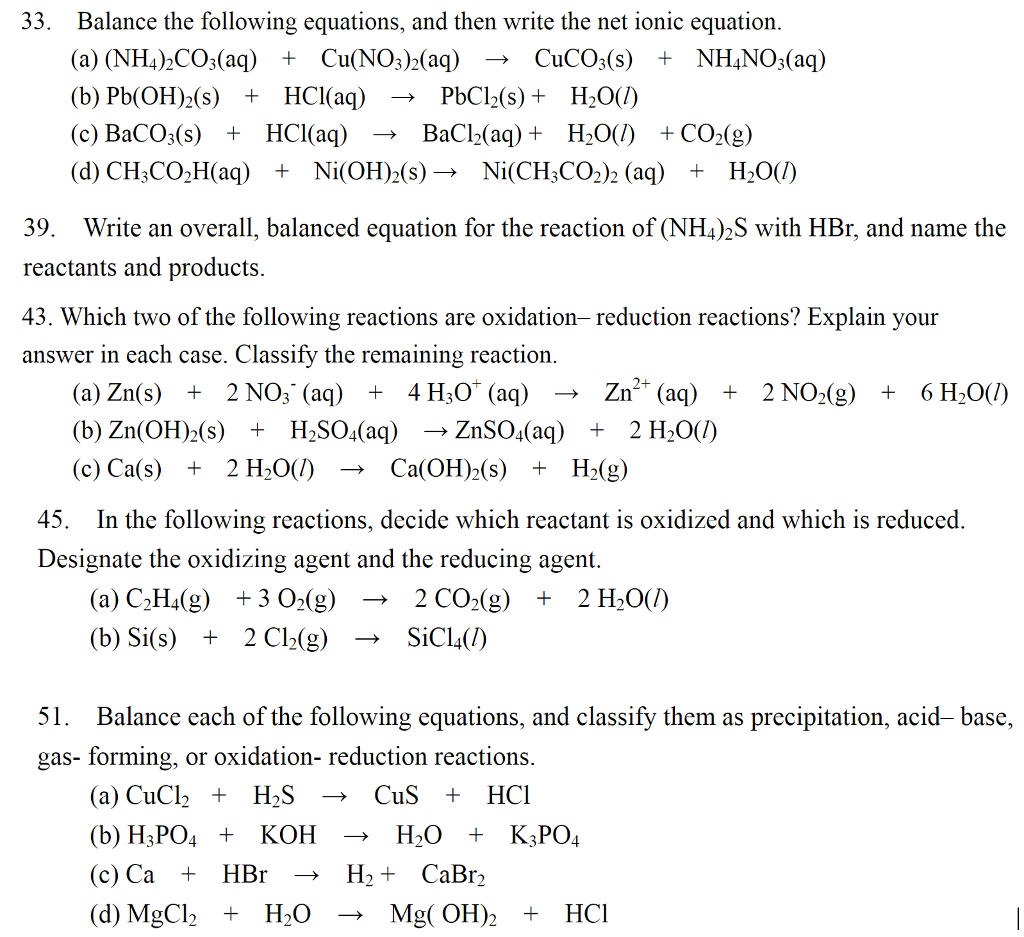 Solved 33. Balance the following equations, and then write | Chegg.com