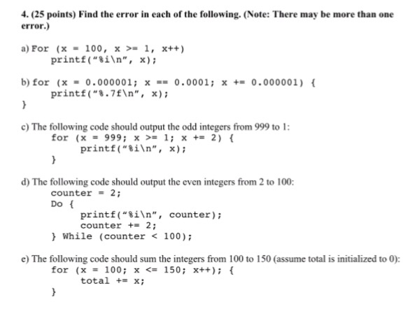 Solved Find the error in each of the following. For (x = | Chegg.com