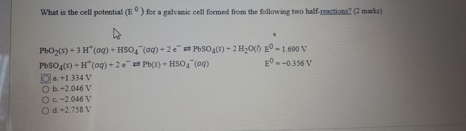 Solved What is the cell potential (E°) for a galvanic cell | Chegg.com
