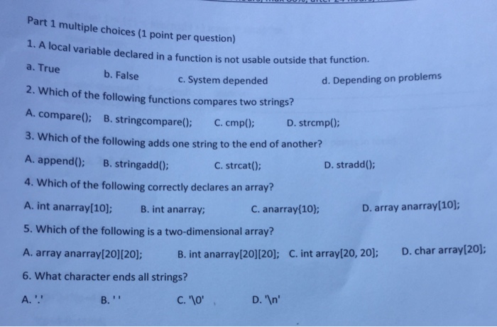 Solved A local variable declared in a function is not usable | Chegg.com