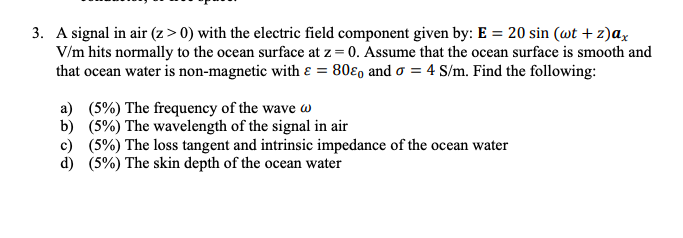 Solved 3 A Signal In Air Z 0 With The Electric Field C Chegg Com