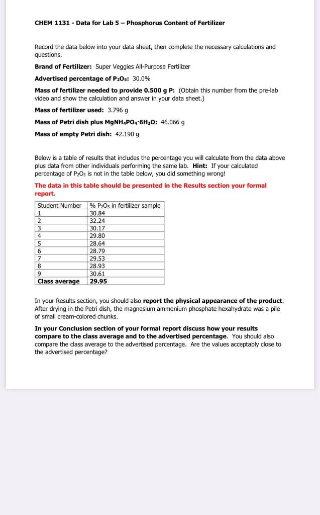 Solved CHEM 1131 Data for Lab 5 Phosphorus Content of