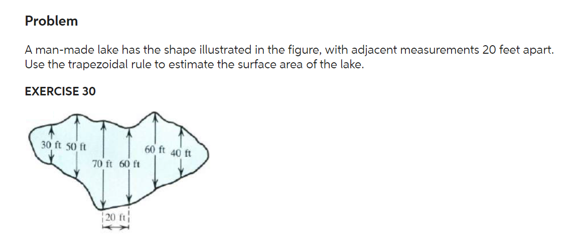 A man-made lake has the shape illustrated in the figure, with adjacent measurements 20 feet apart. Use the trapezoidal rule t