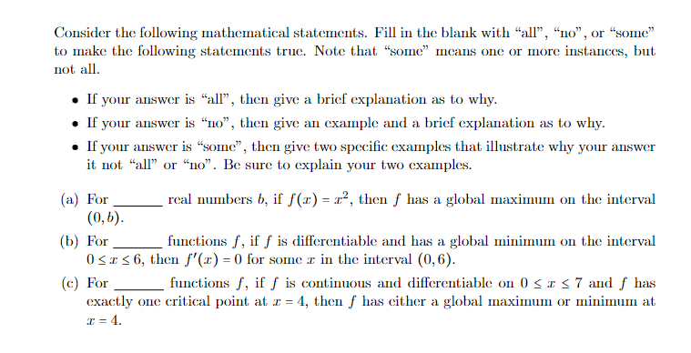 Solved Consider the following mathematical statements. Fill | Chegg.com
