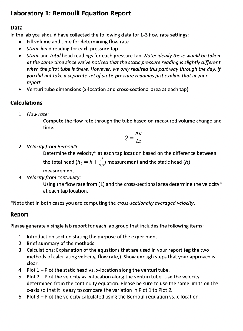Laboratory 1: Bernoulli Equation Report Data In the | Chegg.com