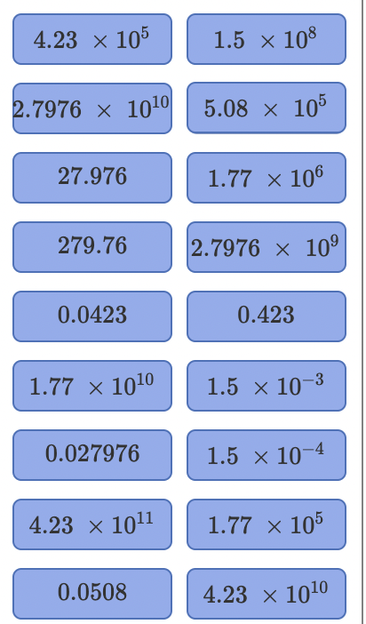 \begin{tabular}{cc}
\hline \( 4.23 \times 10^{5} \) & \( 1.5 \times 10^{8} \) \\
\hline \( 2.7976 \times 10^{10} \) & \( 5.08