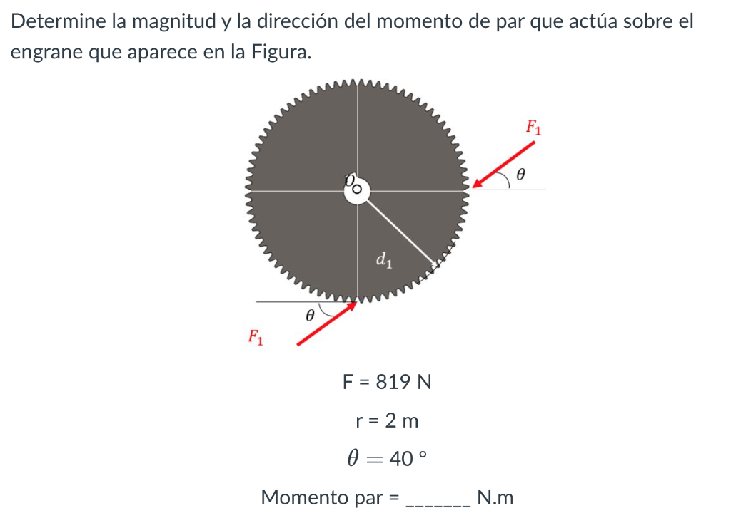 Determine la magnitud y la dirección del momento de par que actúa sobre el engrane que aparece en la Figura. \[ \begin{array}