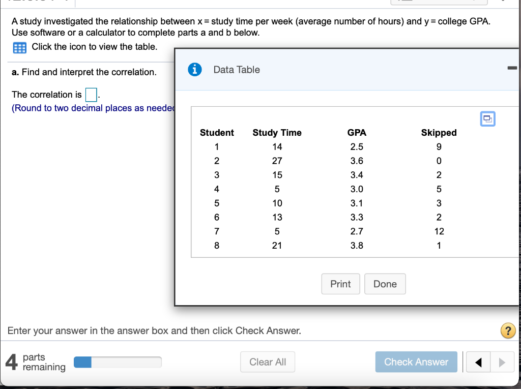 Solved A study investigated the relationship between x = | Chegg.com