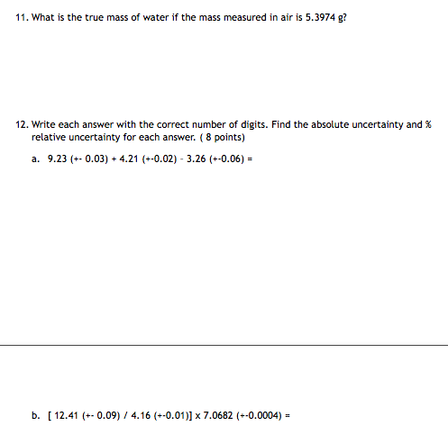 Solved 11. What is the true mass of water if the mass | Chegg.com