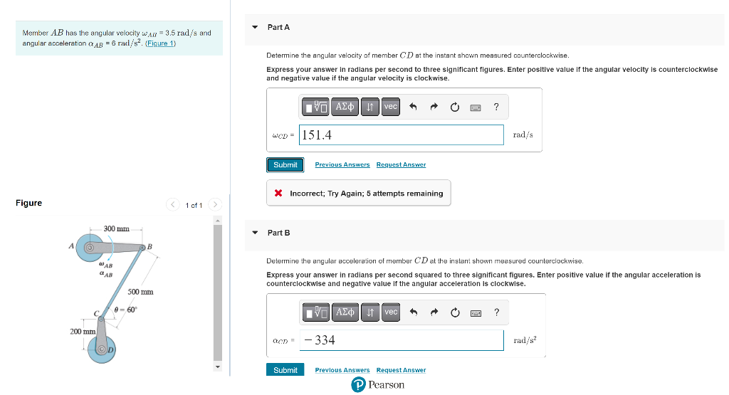 Solved Member AB has the angular velocity wAB=3.5rad/s and | Chegg.com