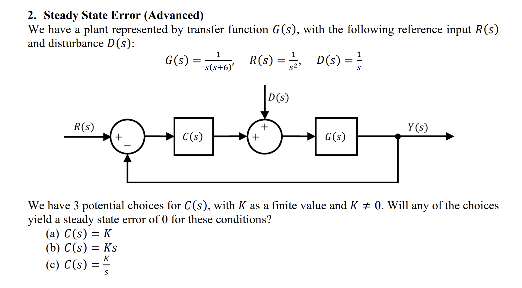 Solved 2. Steady State Error (Advanced) We have a plant | Chegg.com