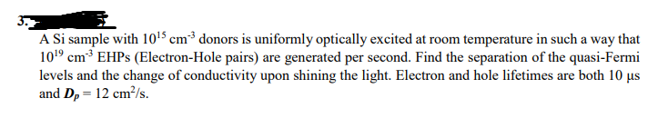 Solved A Si sample with 1015 cm−3 donors is uniformly | Chegg.com