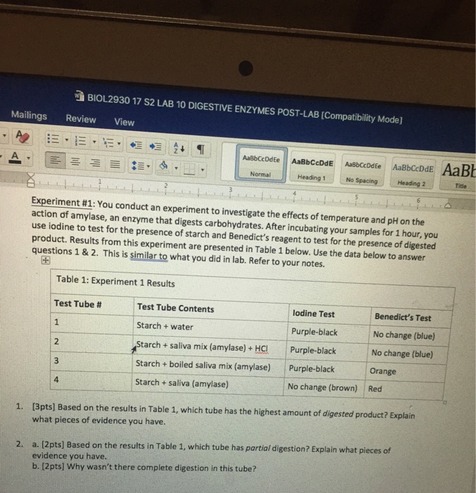 Solved BIOL2930 17 S2 LAB 10 DIGESTIVE ENZYMES POSTLAB