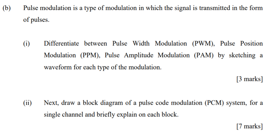 Solved (b) Pulse modulation is a type of modulation in which | Chegg.com