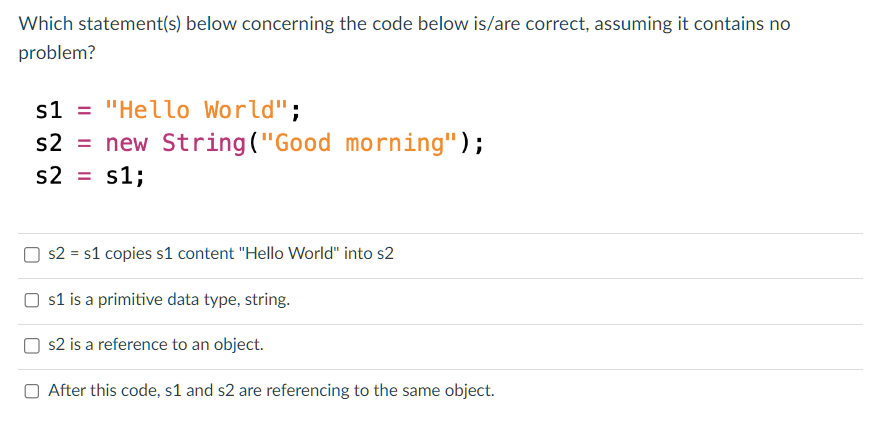 Solved Which statement(s) below concerning the code below | Chegg.com