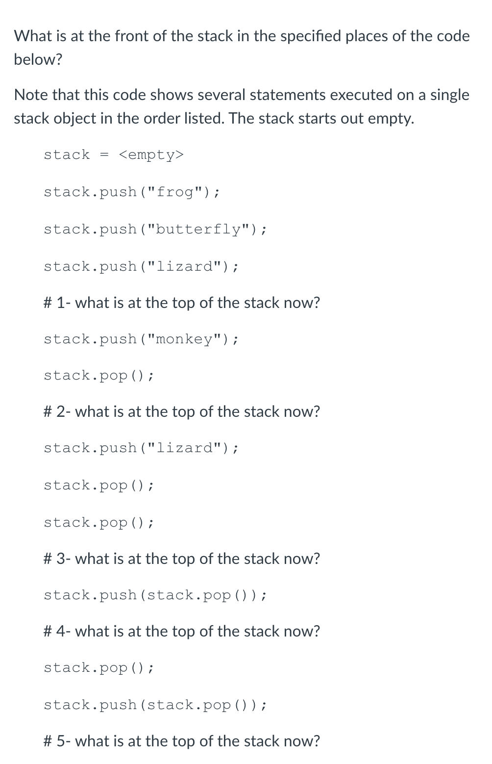 Solved What is at the front of the stack in the specified | Chegg.com