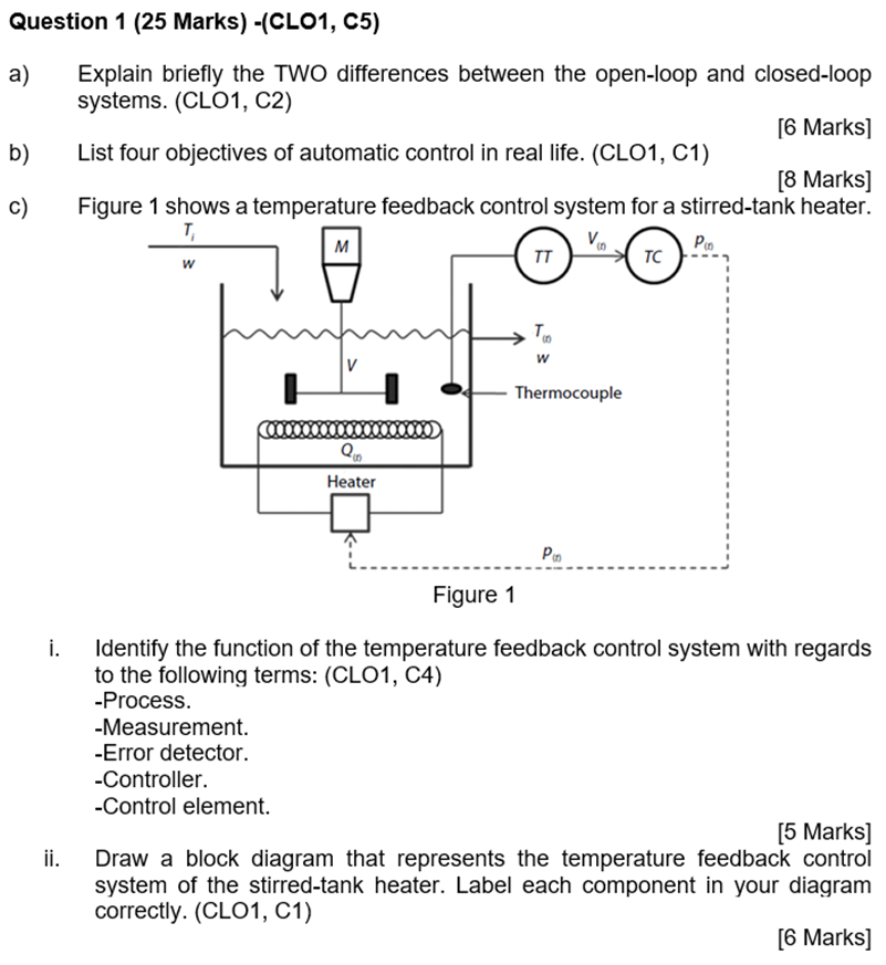 Question 1 (25 Marks) -(CLO1, C5)
a) Explain briefly the TWO differences between the open-loop and closed-loop systems. (CLO1