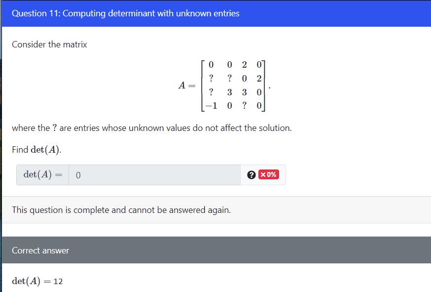 Solved Question 11: Computing determinant with unknown | Chegg.com