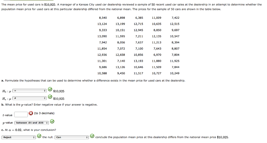 Solved The mean price for used cars is 10,925. A manager of