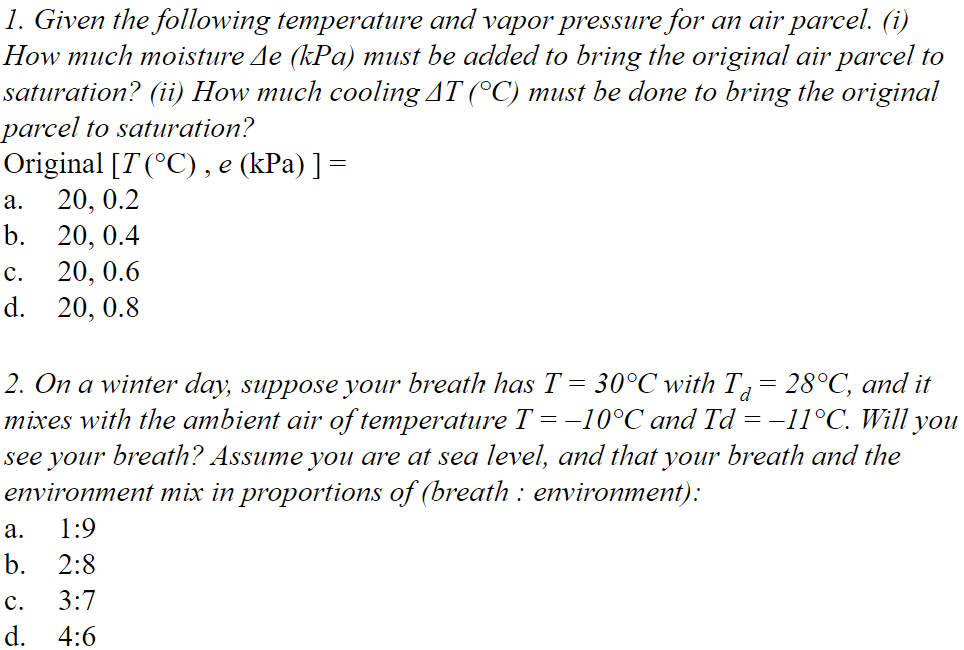 Solved 1. Given the following temperature and vapor pressure | Chegg.com