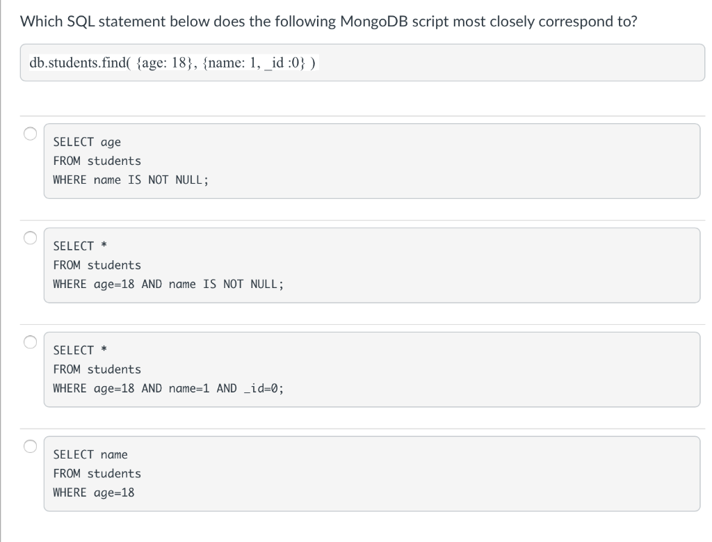 Solved Which SQL statement below does the following MongoDB | Chegg.com
