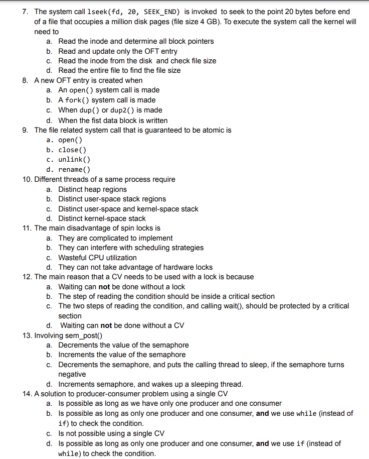 Solved 7. The system call 1 seek (fd, 20 , SEEK_END) is | Chegg.com