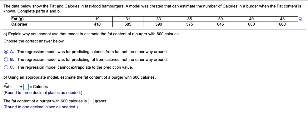 Solved The data below show the Fat and Calories in fast-food | Chegg.com