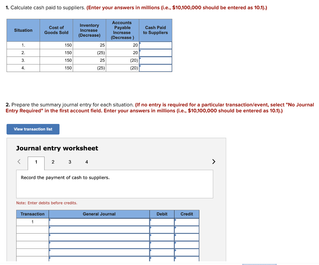 Solved 1. Calculate cash paid to suppliers. (Enter your