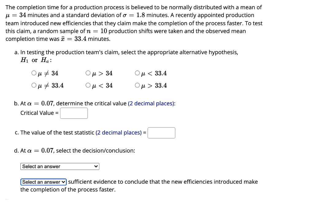 Solved The completion time for a production process is | Chegg.com