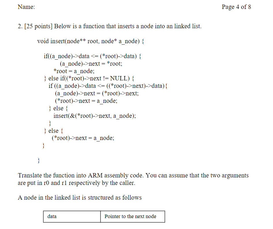Solved Name: Page 4 of 8 2. [25 points] Below is a function | Chegg.com