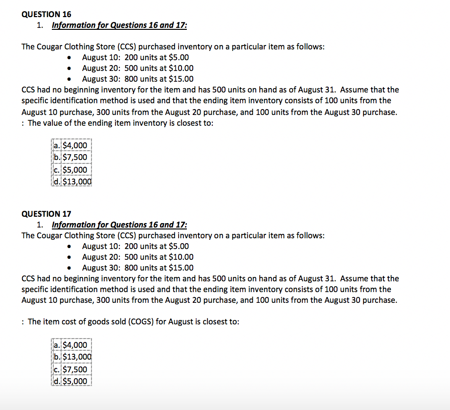 Solved QUESTION 16 1. Information for Questions 16 and 17: | Chegg.com
