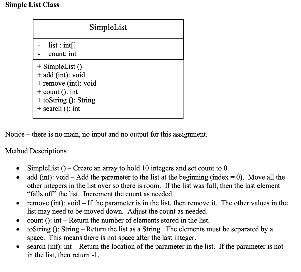 Solved Simple List Class SimpleList list : int[] count: int | Chegg.com