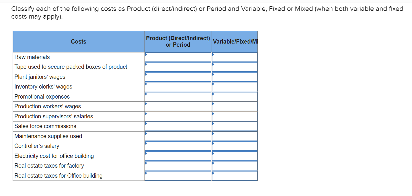 Solved Match each of the following cost items with the value