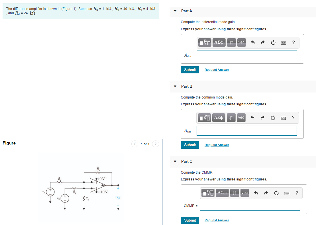 Solved The difference amplifier is shown in (Figure 1). | Chegg.com