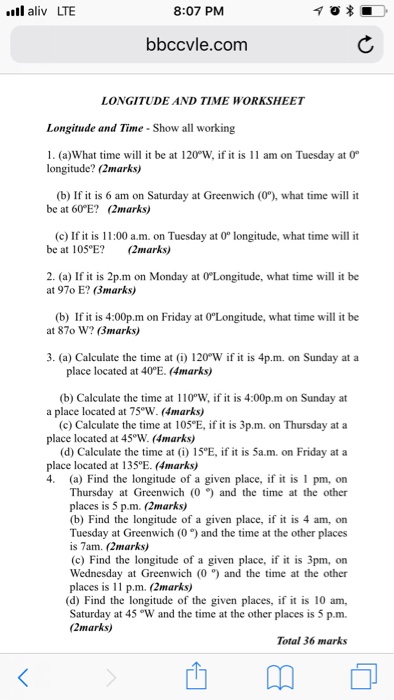 Solved: Laliv LTE 8:07 PM Bbccvle.com LONGITUDE AND TIME W... | Chegg.com